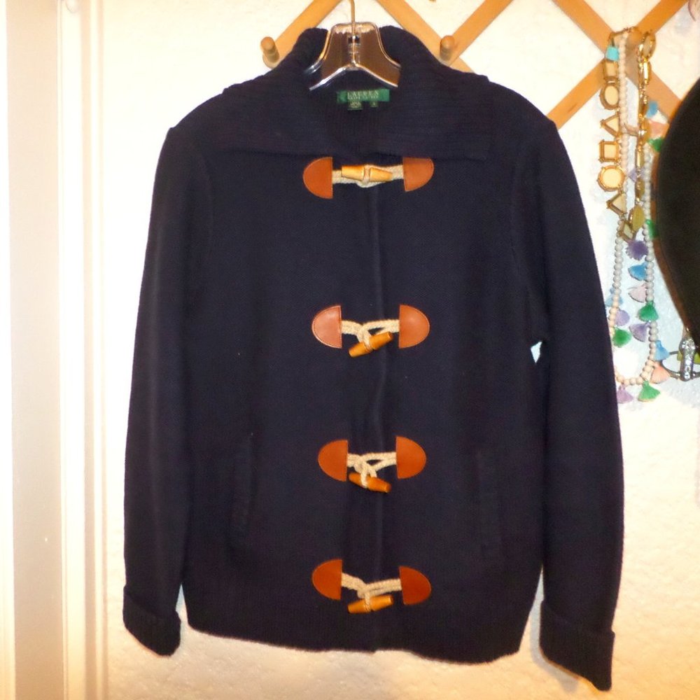 Lauren Ralph Lauren Toggle & Snap Front Cotton Cardigan Black Sz L